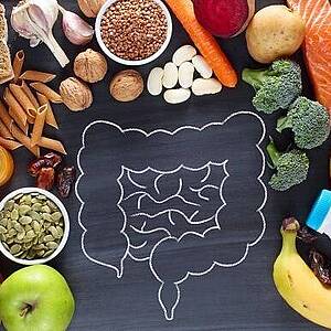 Zeichnung Darm umgeben von Lebensmitteln Zeichnung Darm umgeben von Lebensmitteln